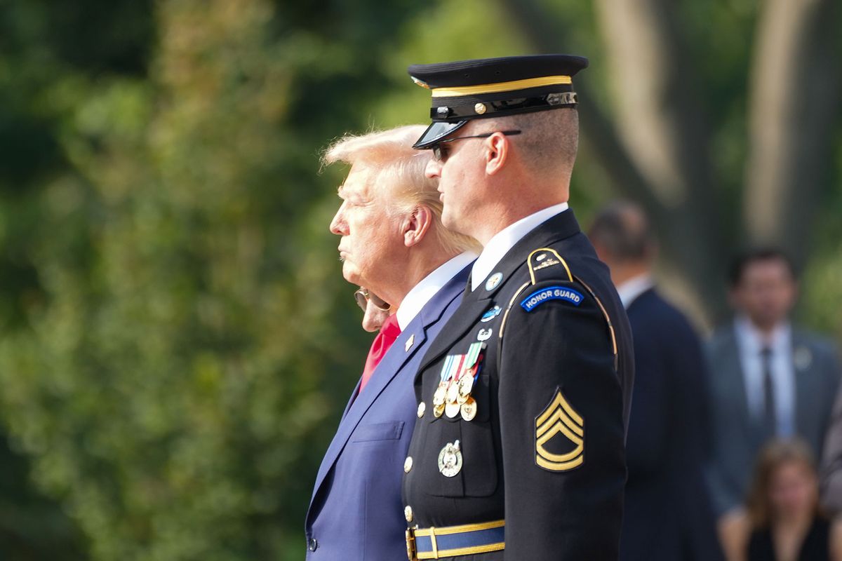 Donald Trump visits Arlington Cemetery on August 26, 2024 to pay tribute to the 13 service-members killed during the Afghanistan evacuation. (Andrew Leyden/NurPhoto via Getty Images)