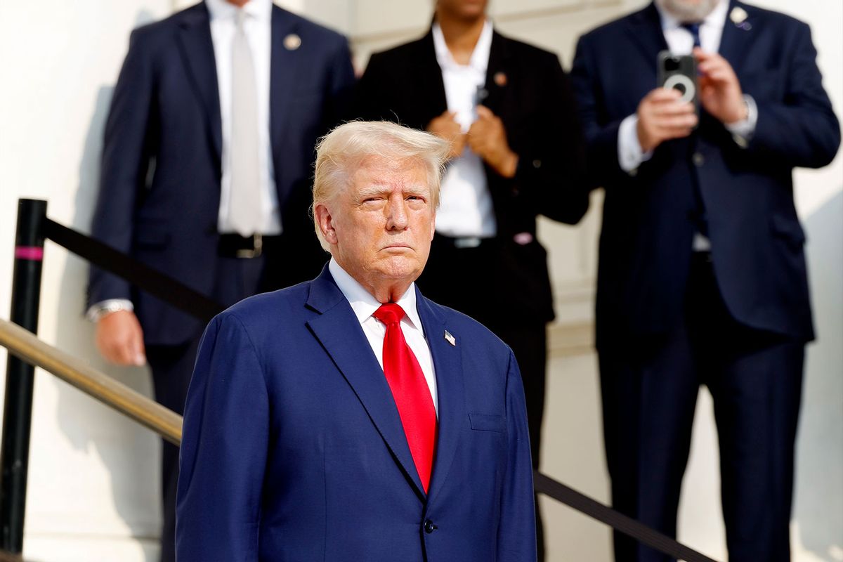 Republican presidential nominee, former U.S. President Donald Trump looks on during a wreath laying ceremony at the Tomb of the Unknown Soldier at Arlington National Cemetery on August 26, 2024 in Arlington, Virginia. (Anna Moneymaker/Getty Images)