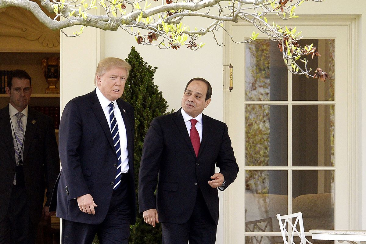 U.S. President Donald Trump (L) and Egypt President Abdel Fattah Al Sisi leave the Oval Office of White House to walk to the Residenceon April 3, 2017 in Washington, DC. (Olivier Douliery-Pool/Getty Images)