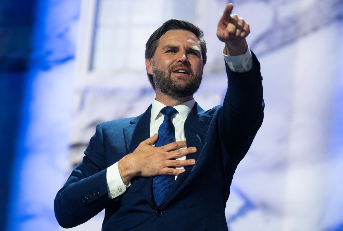 Sen. JD Vance, R-Ohio, nominee to be Donald Trump's vice president, acknowledges the crowd after he addressed the Republican National Convention in Milwaukee, Wis., on Wednesday July 17, 2024. (Tom Williams/CQ-Roll Call, Inc via Getty Images)