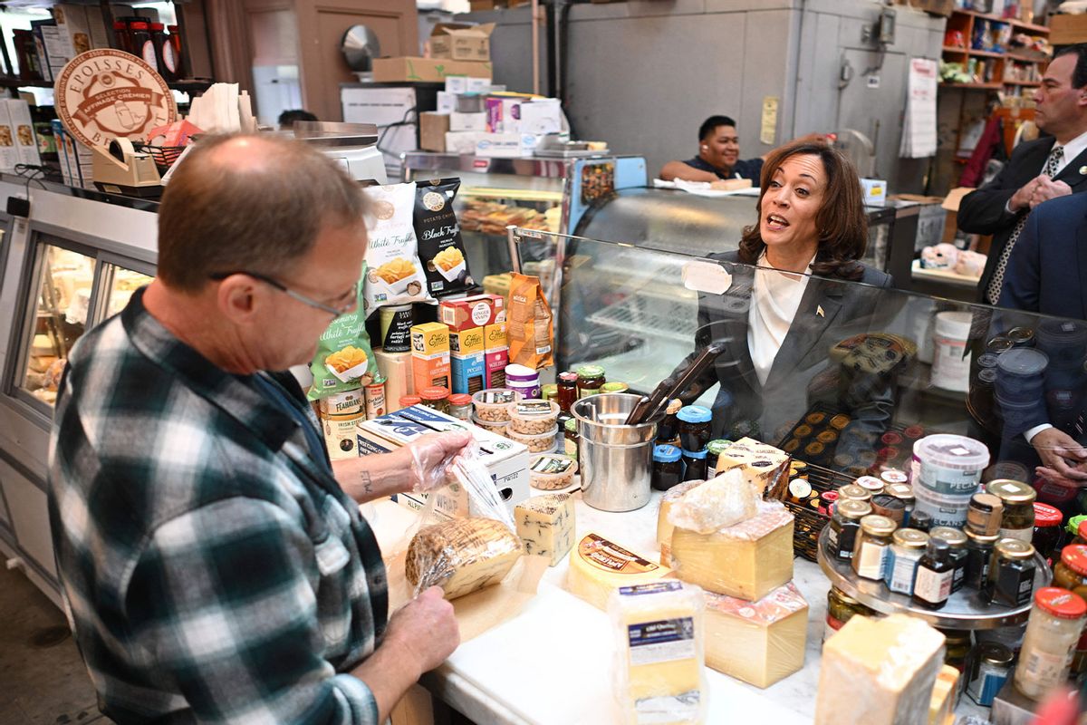 US Vice President Kamala Harris shops at Bowers Fancy Dairy Products in Eastern Market, Washington, DC, on August 4, 2023. (MANDEL NGAN/AFP via Getty Images)