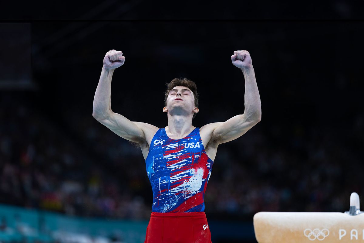 Stephen Nedoroscik of the United States reacts after performing his pommel horse routine during Artistic Gymnastics, Mens Qualification at the Bercy Arena during the Paris 2024 Summer Olympic Games on July 27th, 2024 in Paris, France. (Tim Clayton/Corbis via Getty Images)