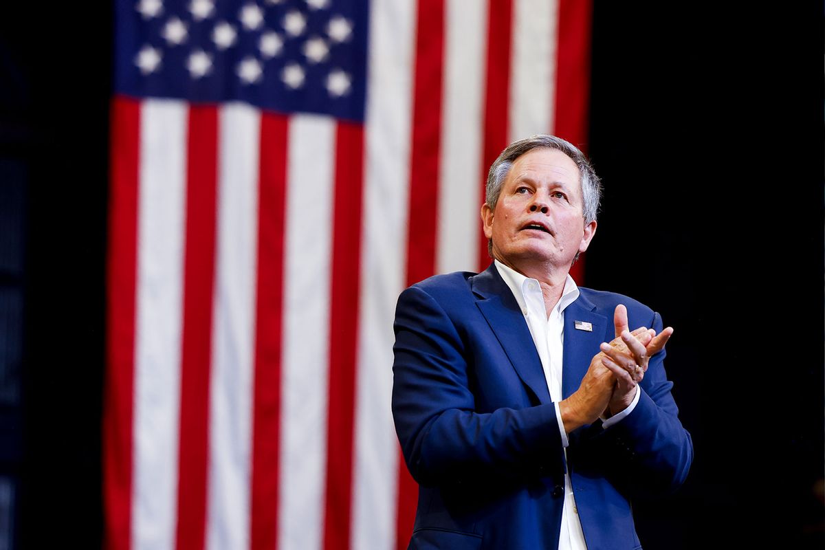 Sen. Steve Daines (R-MT) speaks during a rally for Republican presidential nominee, former U.S. President Donald Trump at the Brick Breeden Fieldhouse at Montana State University on August 9, 2024 in Bozeman, Montana. (Michael Ciaglo/Getty Images)