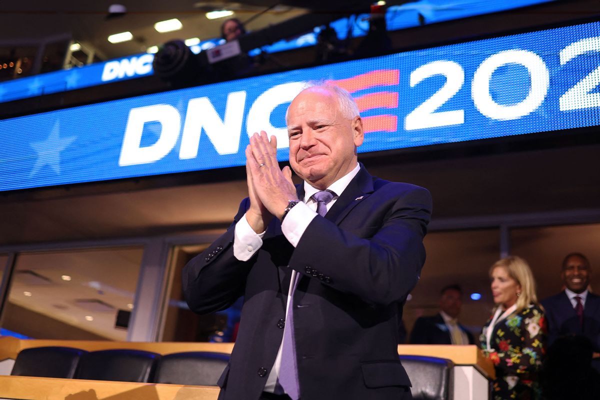 Minnesota Governor and 2024 Democratic vice presidential candidate Tim Walz gestures on the first day of the Democratic National Convention (DNC) at the United Center in Chicago, Illinois, on August 19, 2024. (CHARLY TRIBALLEAU/AFP via Getty Images)